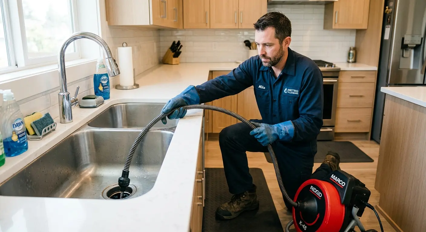 Drain cleaning technician using a motorized snake on a kitchen sink in Christiana