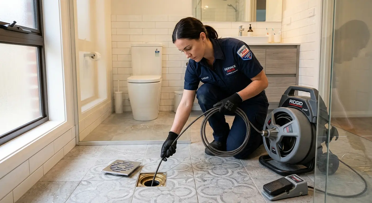 Technician clearing a bathroom floor drain for Drain Cleaning in Christiana